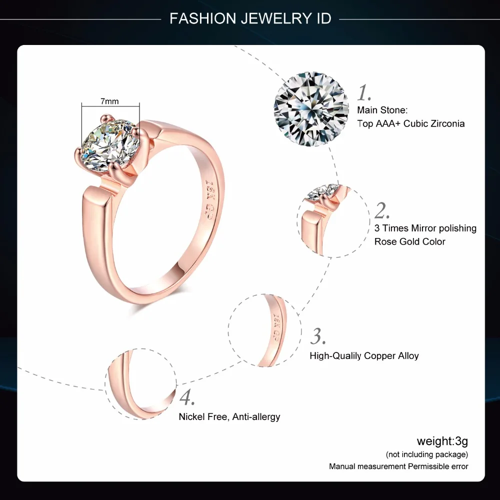 Classic Elegant Cubic Zirconia Engagement Finger Ring Rose Gold Color Crystal Fashion Wedding Jewelry For Man and Women DWR054