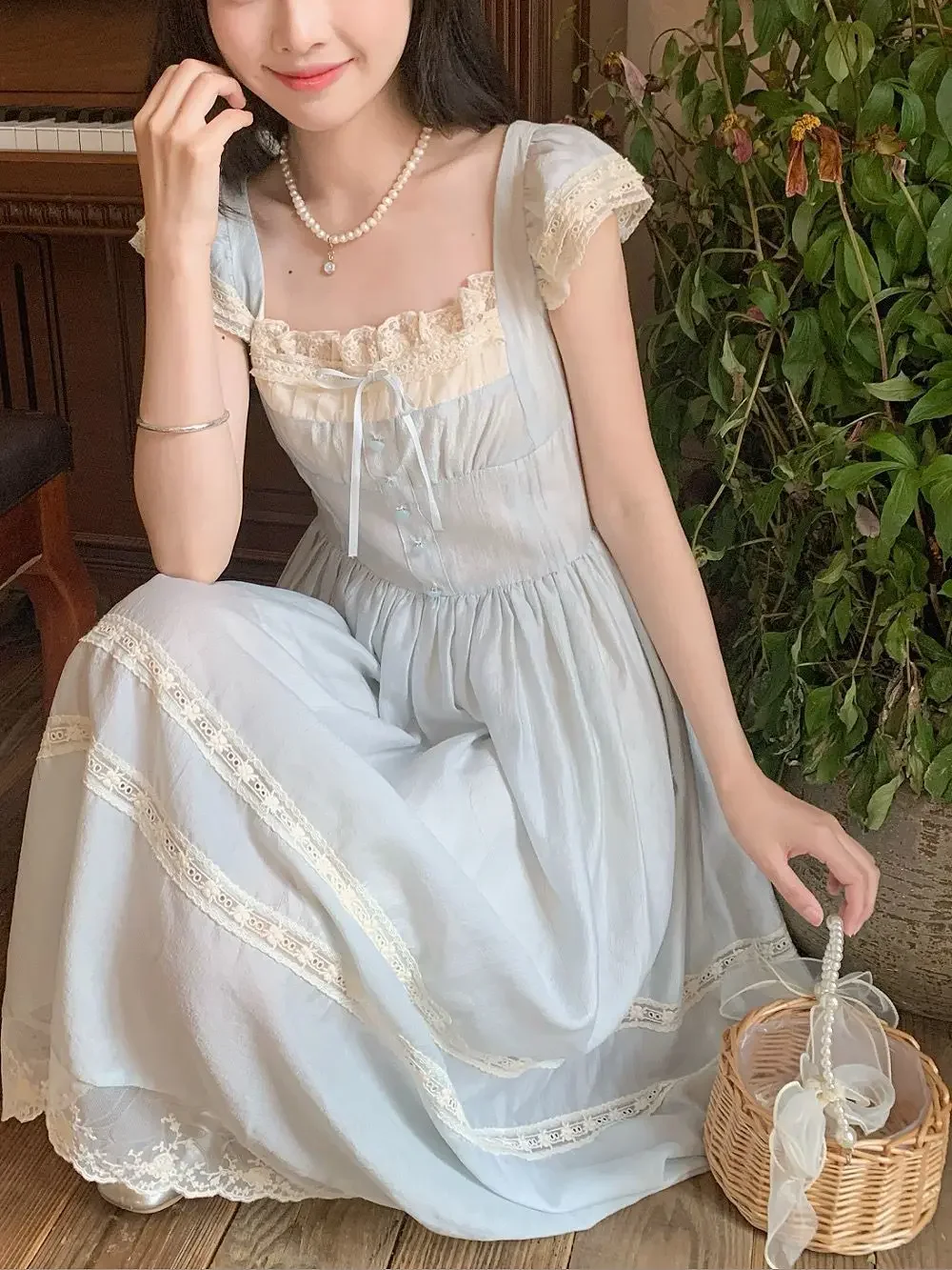 

AzaleeKa French Sweet Dress Women Patchwork Lace Square Collar Waist A Line Long Dresses Retro Fairy Short Sleeve Vacation Robe