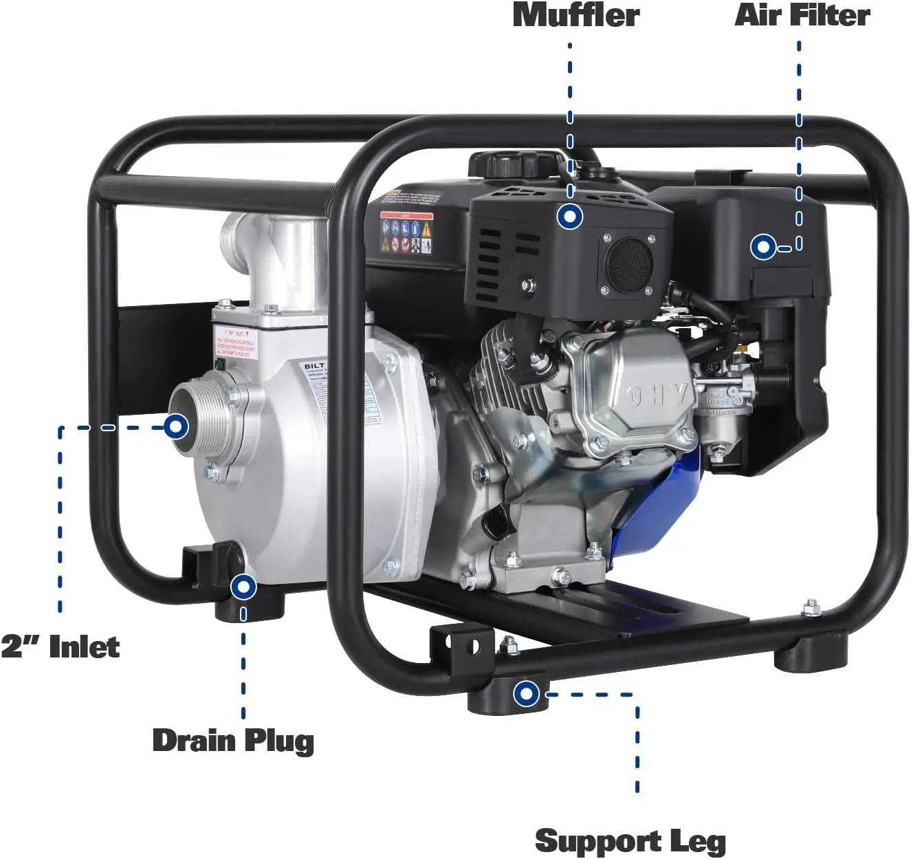 BILT HARD Semi Trash Pump 2 inch, 158 GPM 6.5HP Gas Powered Water Pump, 196cc 4-Cycle Engine with 50 ft Discharge Hose, 12 ft