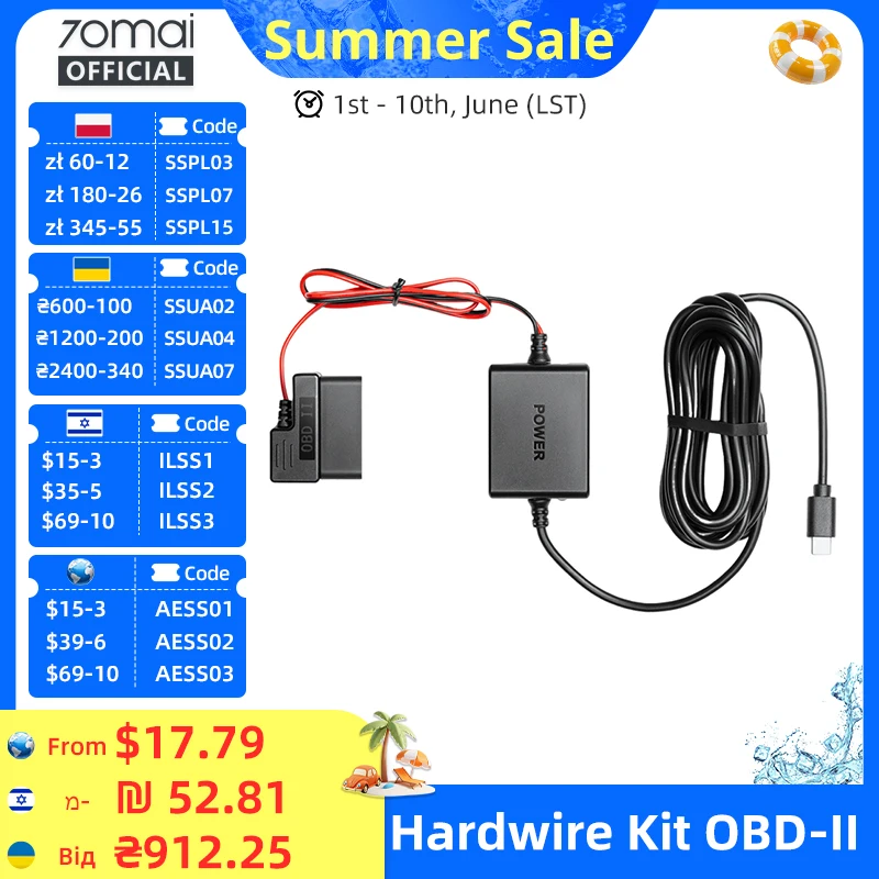 70mai Adjustable Hardwire Kit OBD II Type-C Interface Plug & Play 70mai OBD Kit 24H Parking Surveillance for 70mai Dash Cams