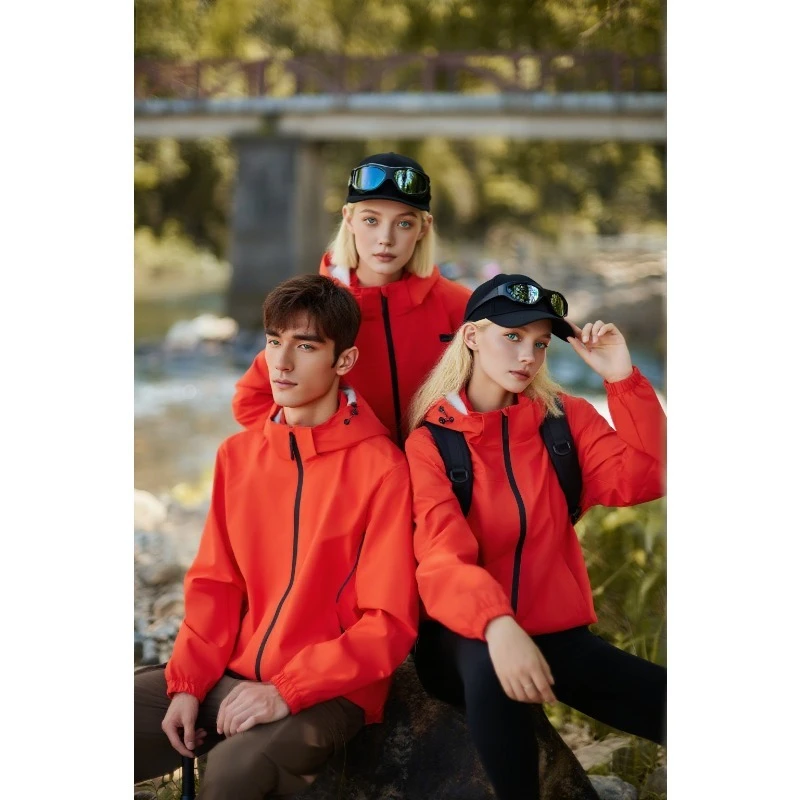 Men Women Outdoor Jackets Spring Autumn Fashion Orange Black Hooded Casual Hiking Travel Breathable Lightweight Jacket
