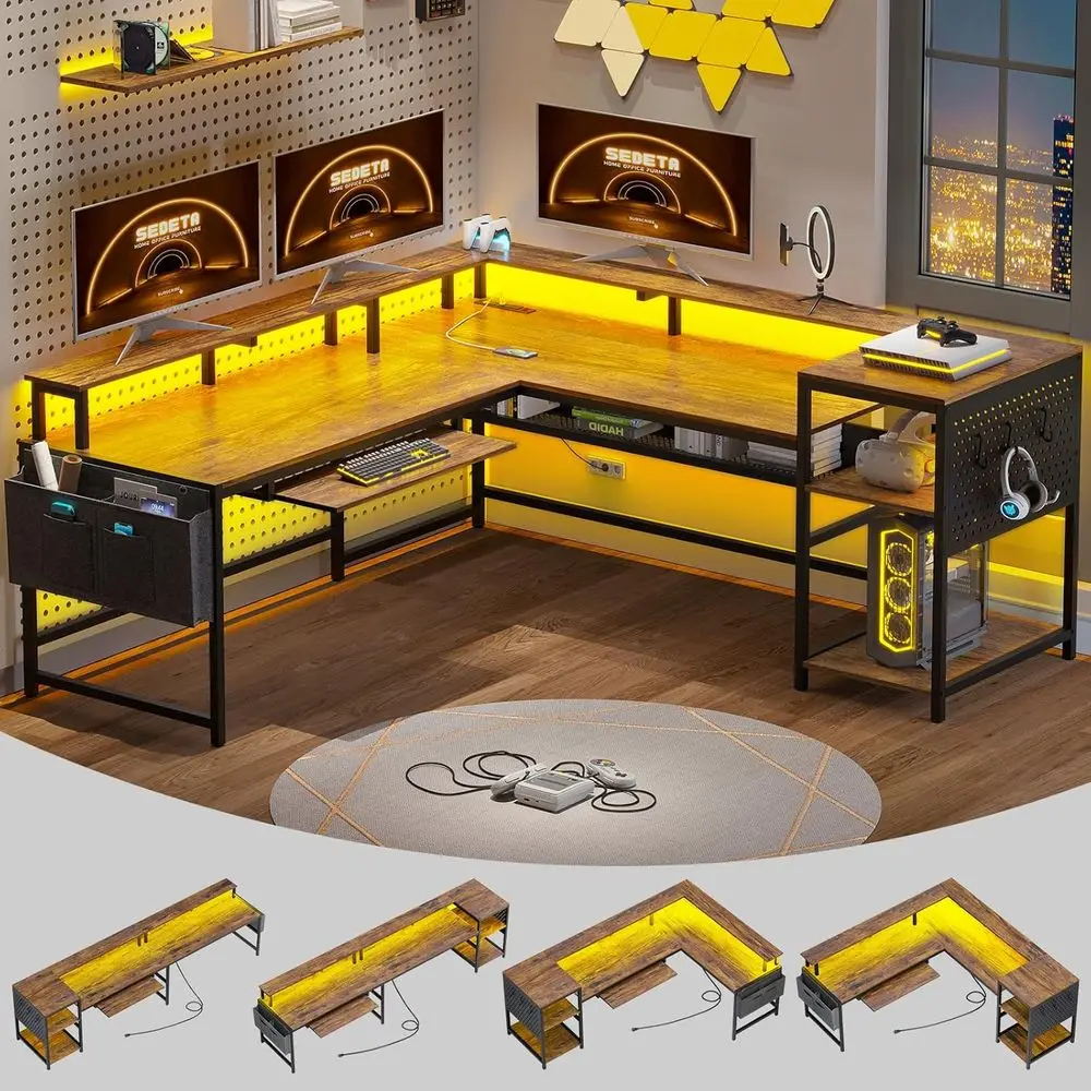 

Rustic Brown L-Shaped Desk with Power Outlets, LED Strip, Monitor Shelf, Keyboard Tray, Pegboard, and Storage for Home Office