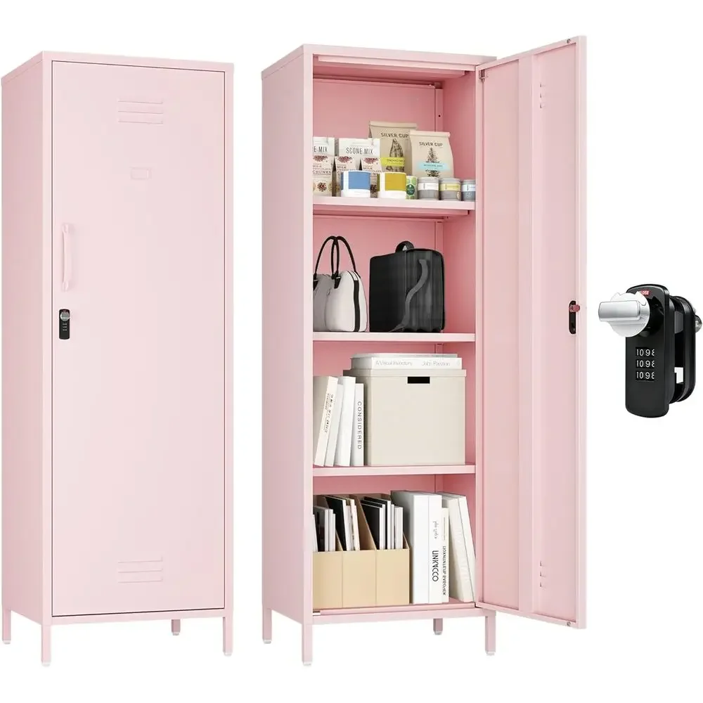 

Pink Lockable Tall Utility Cabinet with 3 Shelves for School, Office, Garage, and Entryway