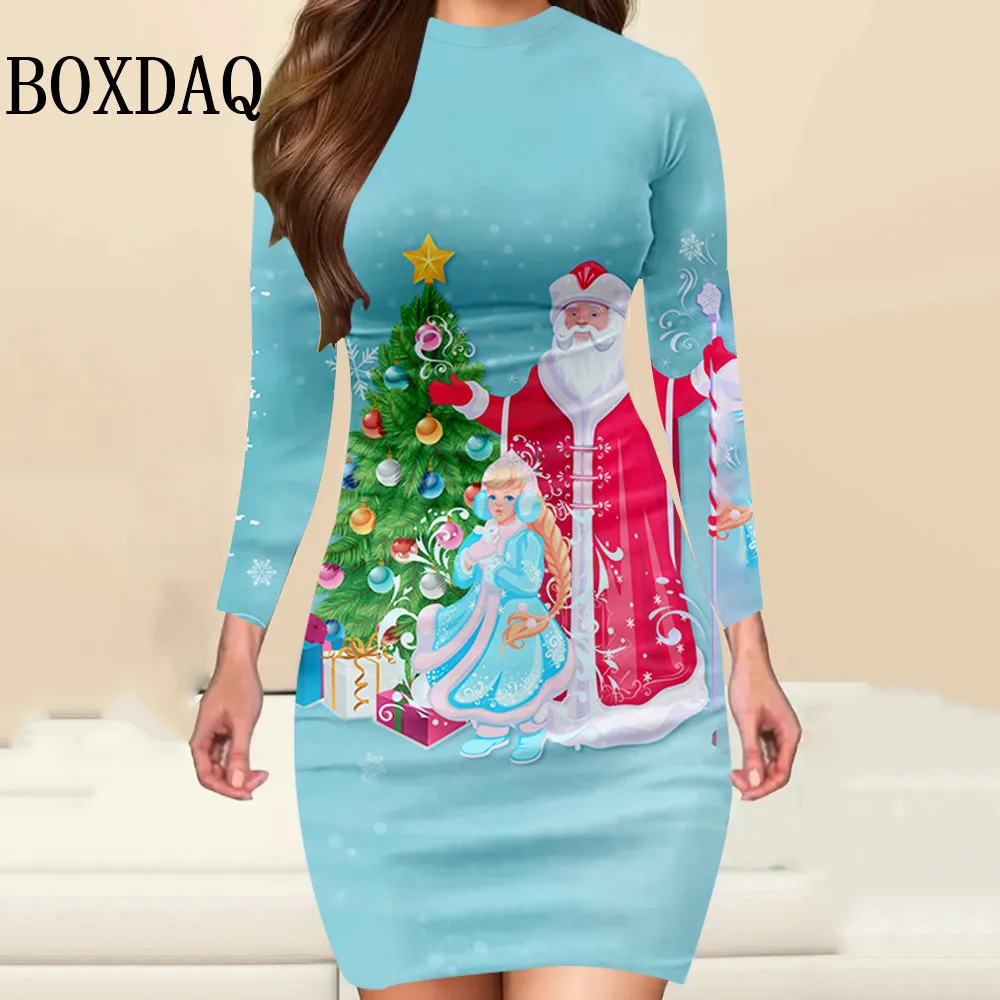 Damska sukienka z długim rękawem, świąteczny nadruk 3D, dopasowana sukienka bodycon z okrągłym dekoltem, elegancka, modna, zimowa sukienka mini na imprezę, odzież 2025