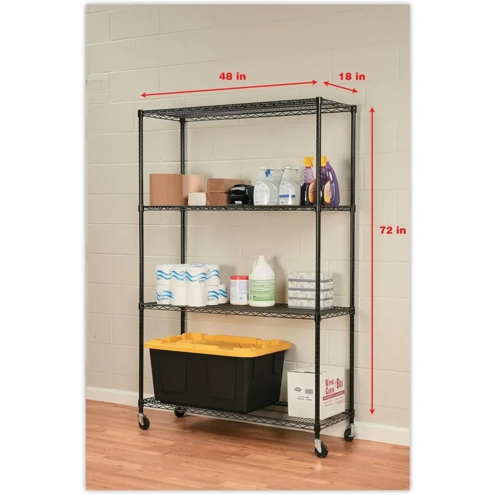 Four-Shelf Wire Shelving Unit with Casters, 48 x 18 x 72, Black, Heavy-Duty Storage Solution