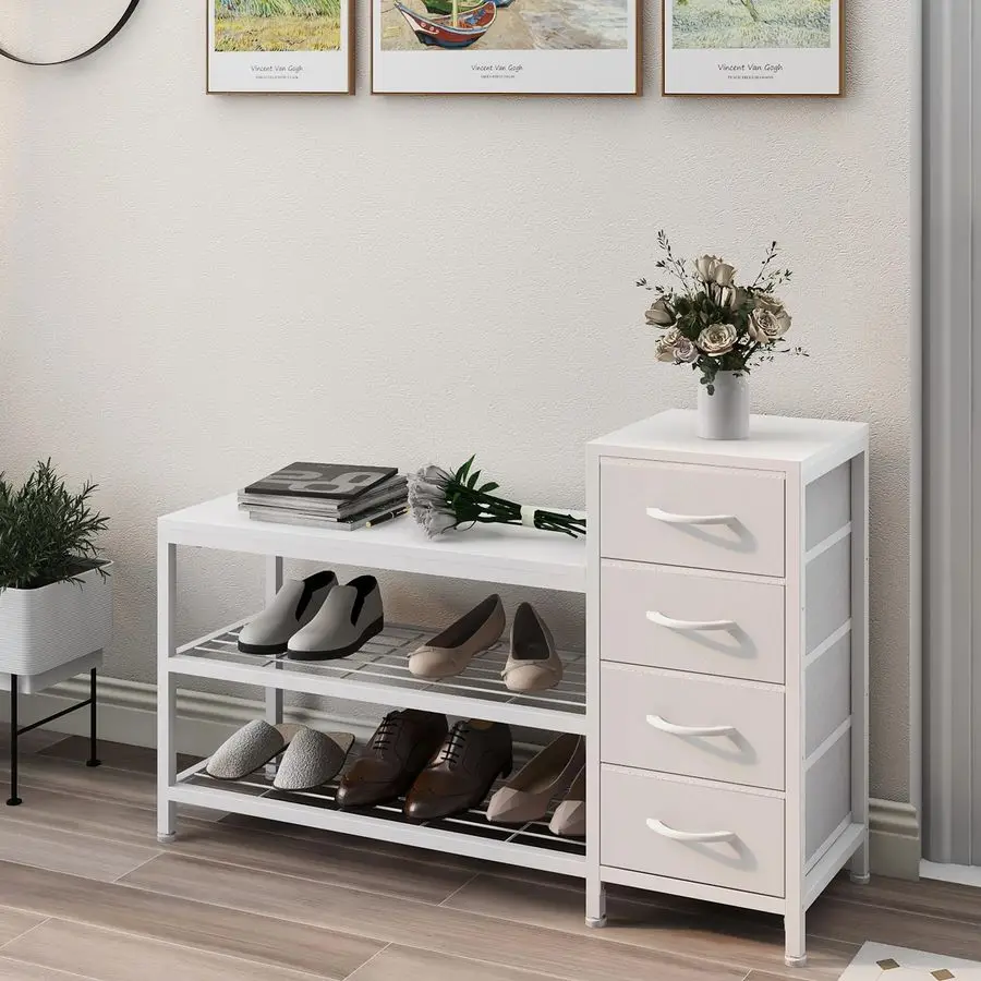 

3Tier Shoe Storage Bench White Entryway Shoe Rack with 4 Drawers and Seating Shoe Shelf Storage Cabinet for Hallway Front Door