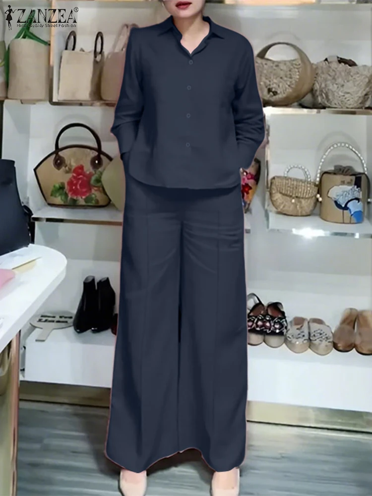 2025 Herfst Broek Pak ZANZEA Elegante Revers Hals Lange Mouw Losse Broek Sets Vrouwen Bijpassende Sets 2 STKS OL Werkoutfits