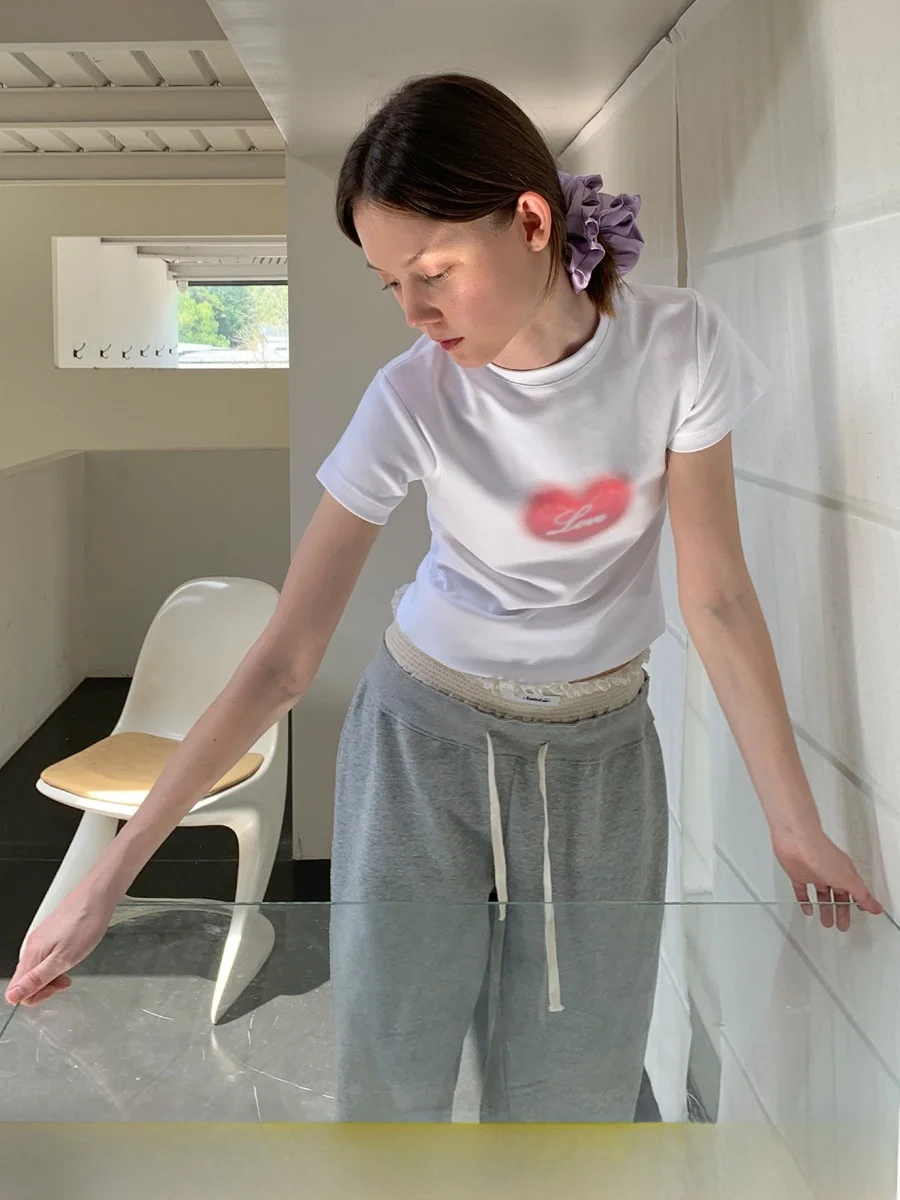 Square Houst Summer Sweet Cool Millennium Hot Girl Love Print Slimming Short Sleeve T-Shirt Women Shoulder Width Regular Cott...