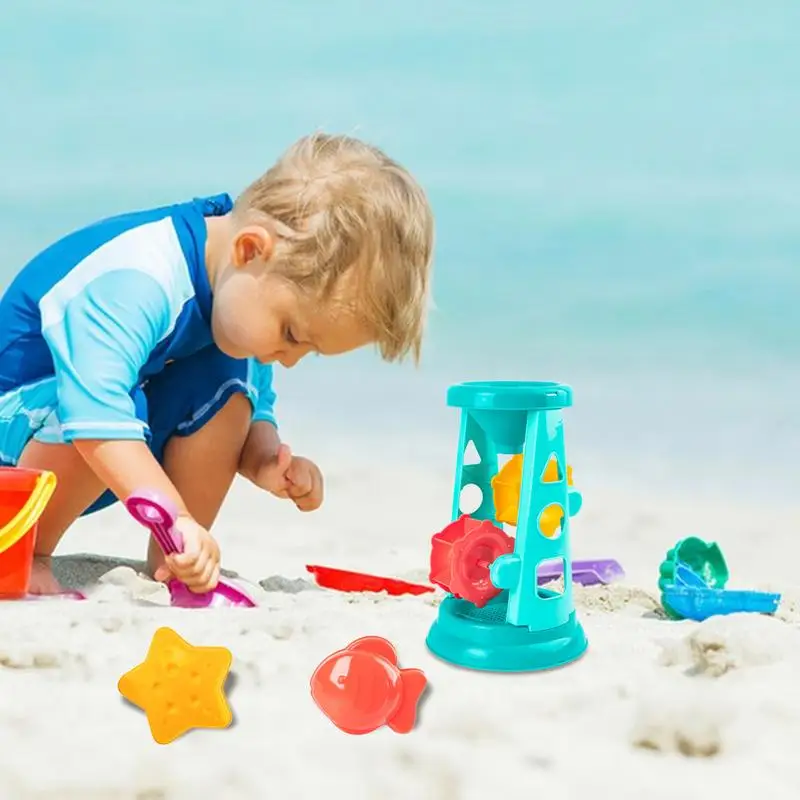 Jouets de sable de plage portables pour enfants, jeu de plage d'été, jouets de sablier de moulin à vent, moules et pelles, 5 pièces