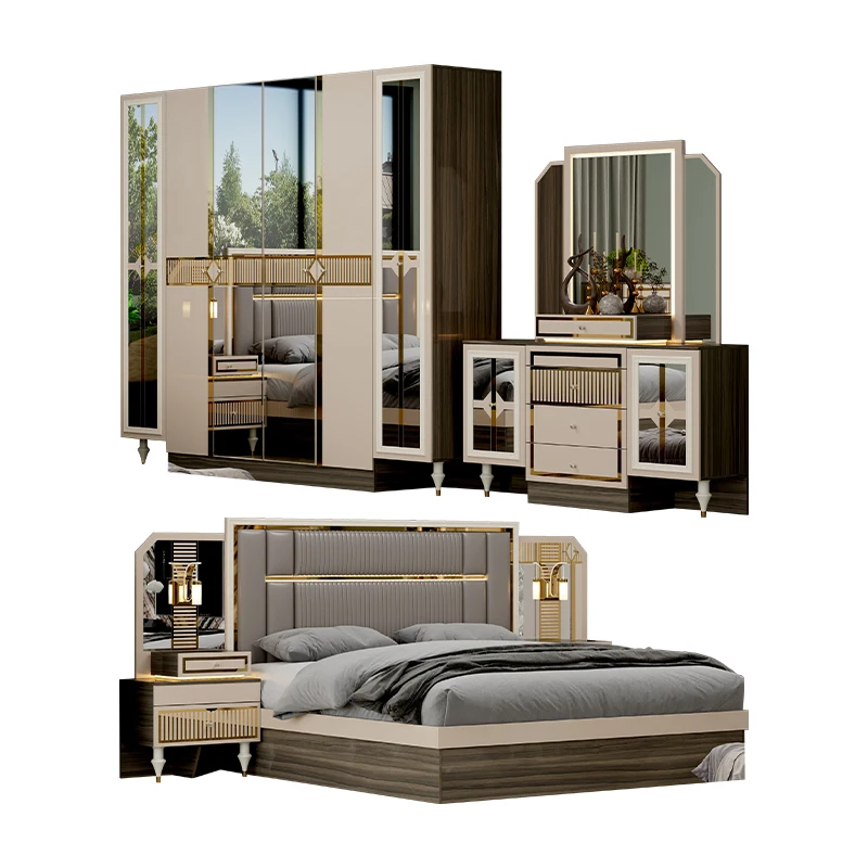 

Turkish Style Luxury Wooden King Bedroom Set Double Upholstered Bedroom Modern Wooden Frame Full Home