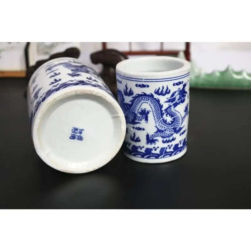 Blue and white porcelain pen holders, large, medium, and small porcelain ceramic pen holders