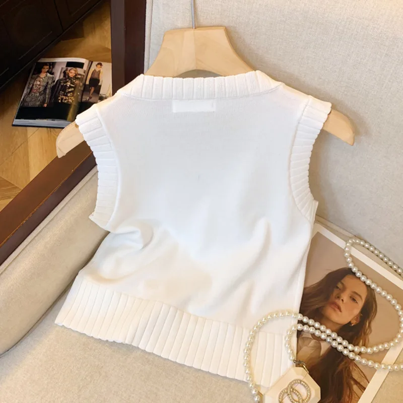 Korean Knitted Vests Women Sweater Vest Top Solid Tank Blusas Summer Fashion Female Sleeveless Beading Casual Knitted Tees