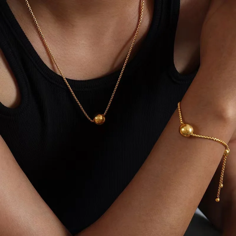 GANPUP 316L Edelstahl Gold Farbe Perle Kugel Halskette Armband Set für Frauen Metall Textur Wasserdicht Schmuck Urlaub Geschenk – Detail 5
