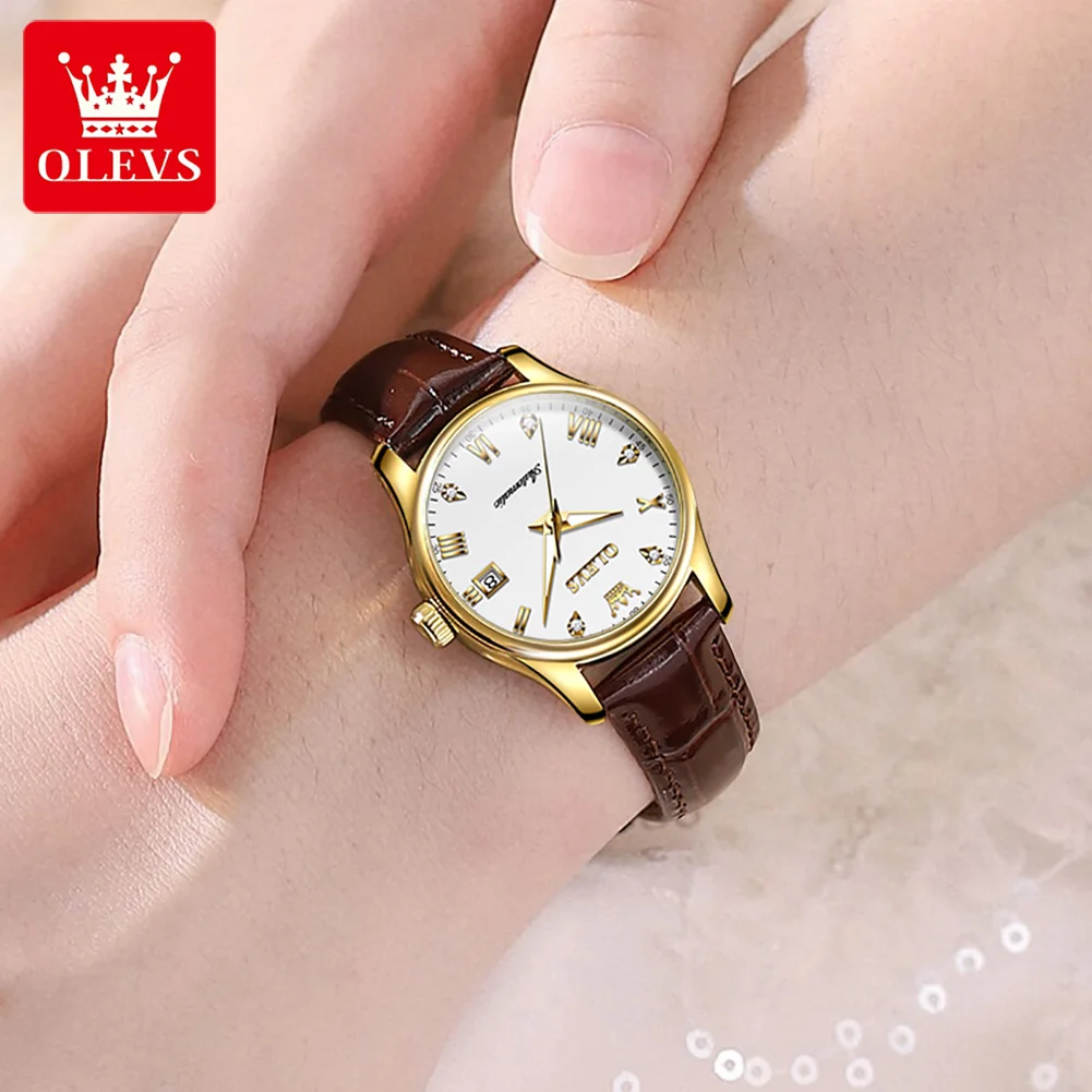 OLEVS Brand fully automatic mechanical watch women\'s simple leather strap calendar 9932