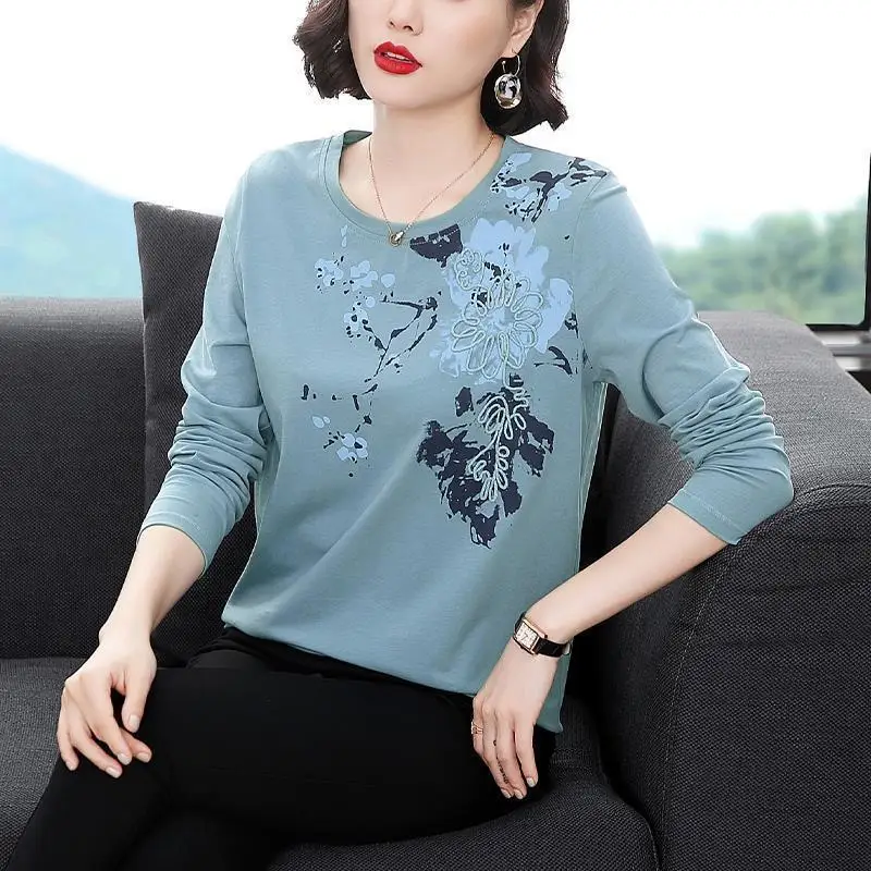 Spring Autumn New Fashion Pure Cotton T-Shirts Women\'s Clothing Printing Round Neck Long Sleeve Tees Loose Simplicity Thin Tops