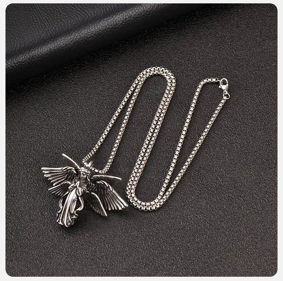 Vnox Edelstahl-Halskette mit sechs Engelsflügeln für Herren, dunkle Gothic-Biker-Kette, silberfarben, Punk-Schmuck, Geschenke – Detail 6