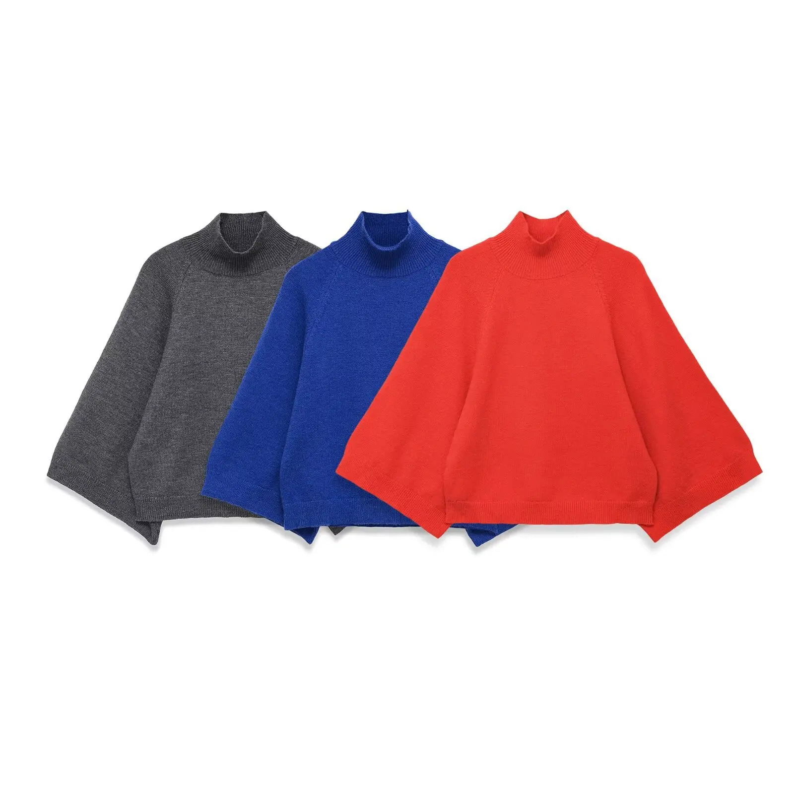Solid Mock Neck Batwing Long Sleeve Knit Pullover Solid Color Raglan Loose Cropped Soft Knit Women Casual Sweater Top 260602