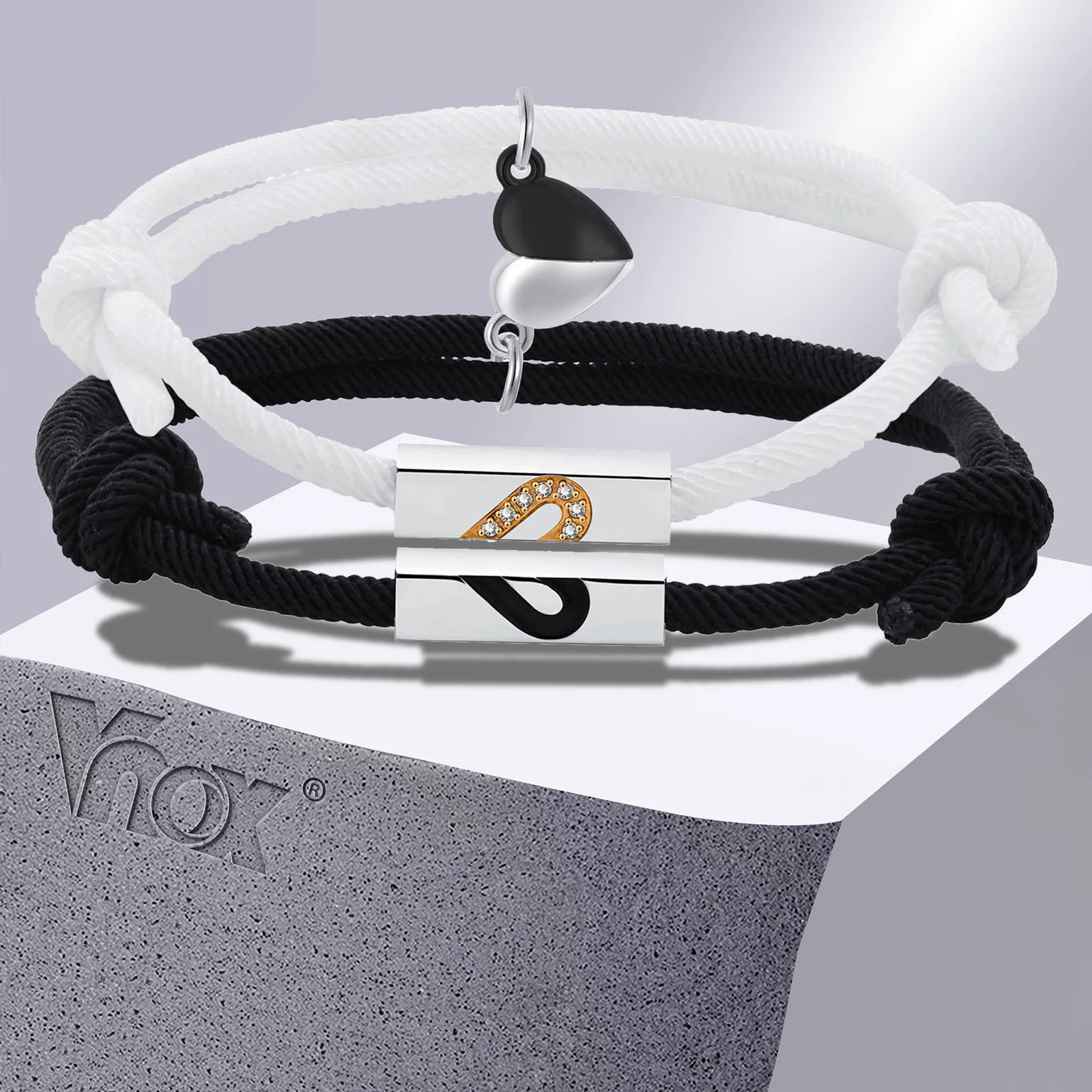 

Vnox Attractive Heart Charm Couple Bracelets for Men Women, Black and White Rope Chain Wristband Love Promise Gift Jewelry