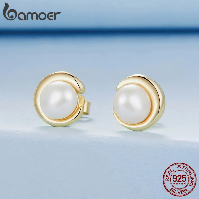 BAMOER 18K Gold Plated Freshwater Pearl Stud Earrings, 925 Sterling Silver Elegant Casual Hypoallergenic Stud Earrings for Women