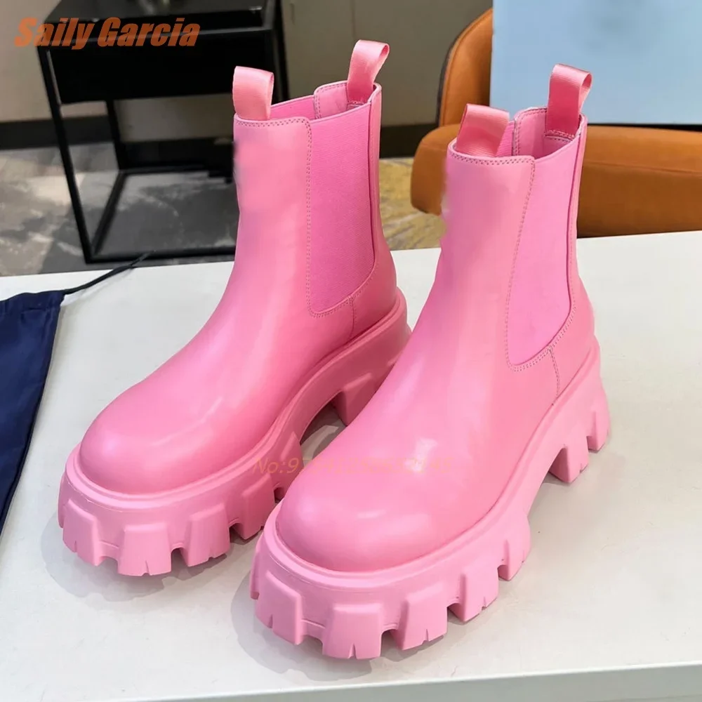 Slip On Solid Leather Boots Pink Height Increasing Spring Dress Women Boots Elastic Strap Fashion Ankle Boots Luxury Round Toe