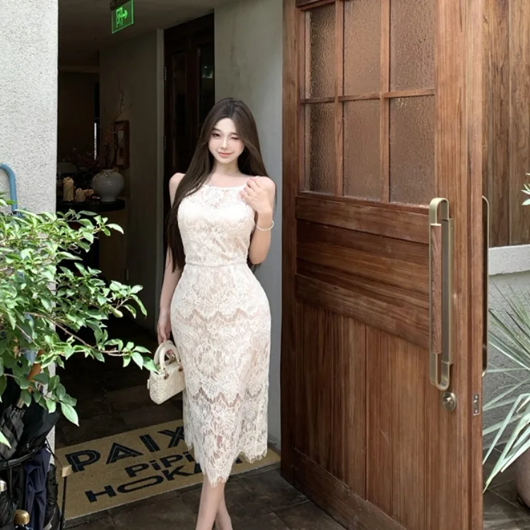 Design Sensation Zachte Kanten Dr met Ingebouwde Bh Pad Afslanken Dames Faion Zomer 2025, Koreaanse Sle Hoge Taille Lange Rok