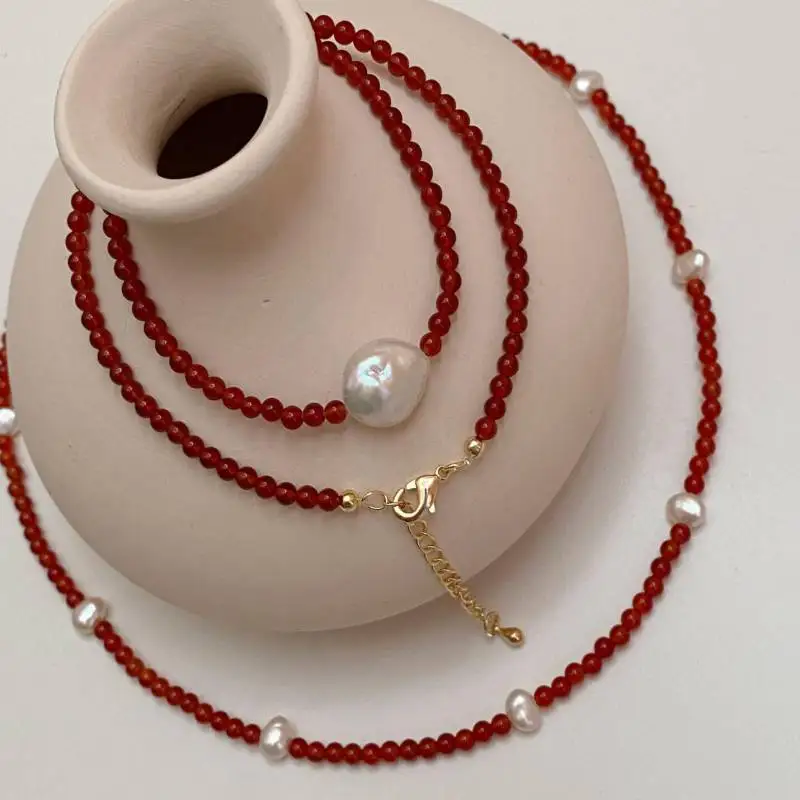 

Handmade Red agate bead necklace white freshwater pearl Classic Men Bangle Link Karma Adjustable