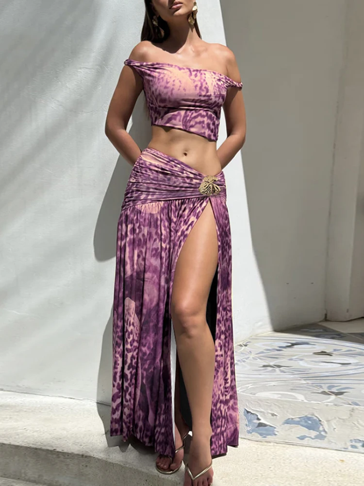 

Insglas Patchwork Elegant 2 Piece Set Women Off Shoulder Crop Tops+Metal Flower Splits Long Skirts Street Style Fashion Suits