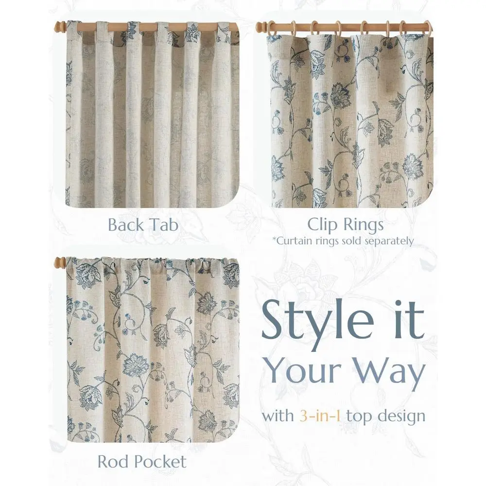 Blumen-Leinenvorhänge, 84 Länge, Lichtfilterung, Rutentasche und Rückenlehne, 2er-Set mit blauen Paneelen für Wohnzimmer und Schlafzimmer