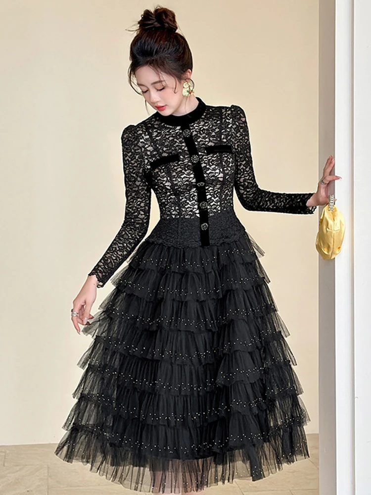 エレガントな甘いチュールケーキドレス女性の高級ブラックシアーレースダイヤモンドシングルブレストティアードフリルローブ宴会パーティー Vestidos