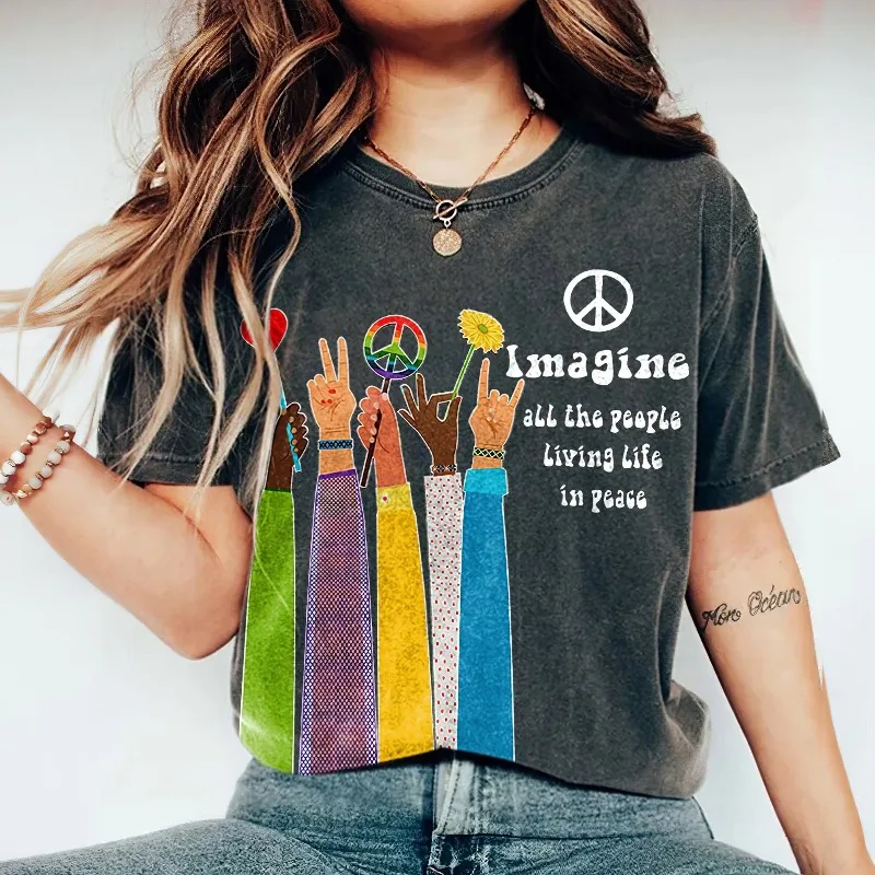 Imagine Everyone Living in Peace T-shirt - The Beatles Summer New Women's Casual Cotton Y2K T-shirt