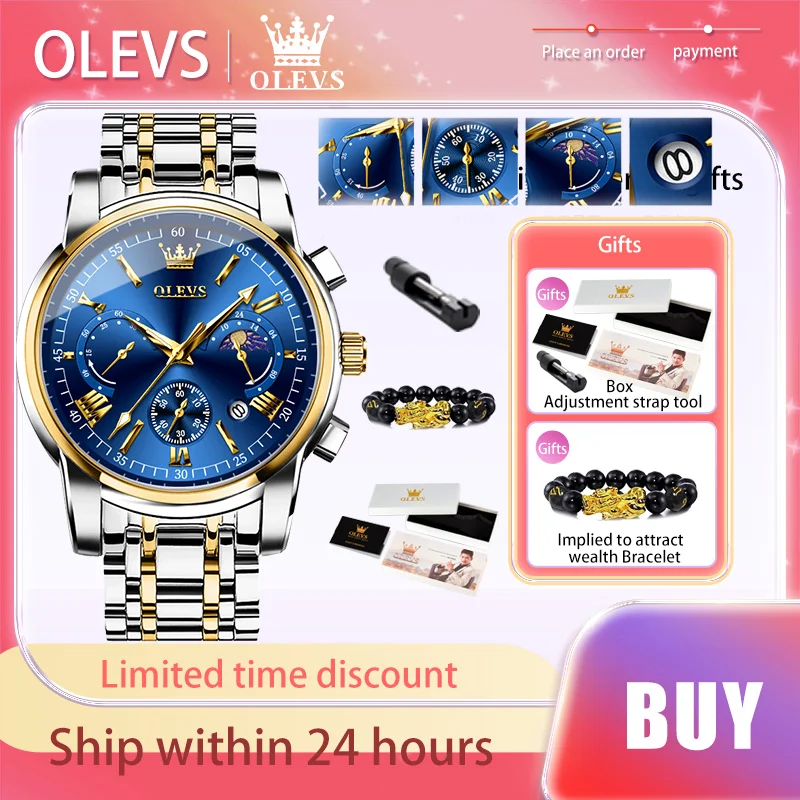 

OLEVS Original Brand Fashion Luxury Men's Watches Waterproof Skeleton Quartz Watch Moon Phase Calendar Chronometer Wristwatch