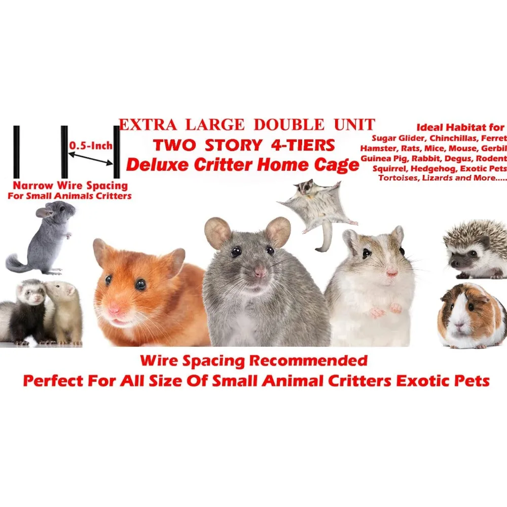 4-Tier Double Unit Small Animal Cage 31x18.5x53.5H Wheels 1/2in Wire