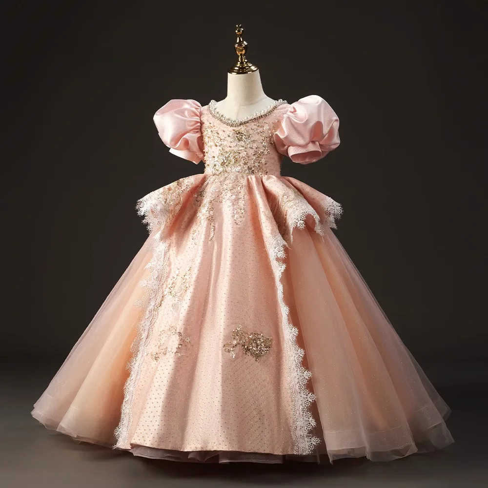 Robe de princesse en dentelle perlée pour enfants, robes de demoiselle d'honneur roses, robe de reconstitution historique à lacets dans le dos, broderie, première communion, image réelle