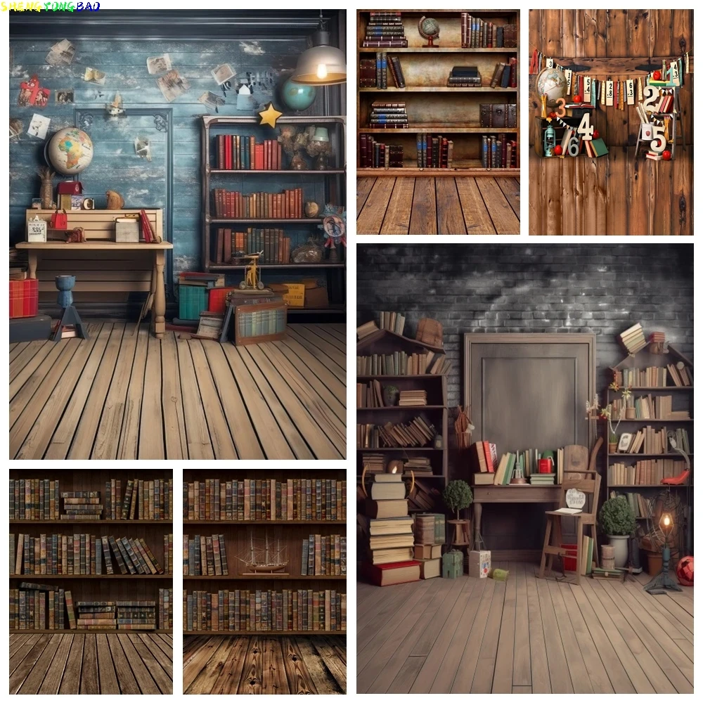 

Vintage Bookshelf Backdrops Wood Library Bookcase Scene Children Back to School Party Decor Baby Portrait Photography Background