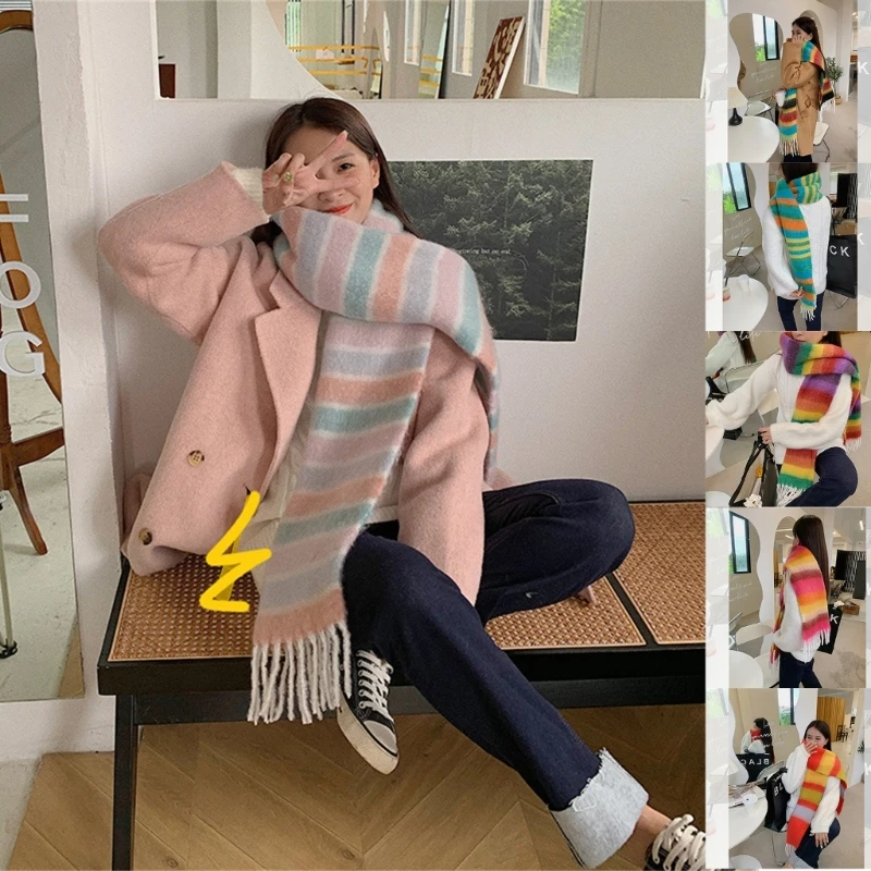 

Women Scarf Winter Scarves Rainbow Tassels Scarf Classical Cashmere Feel Scarf Shawl Girl Outfit Outdoor Activity Scarf