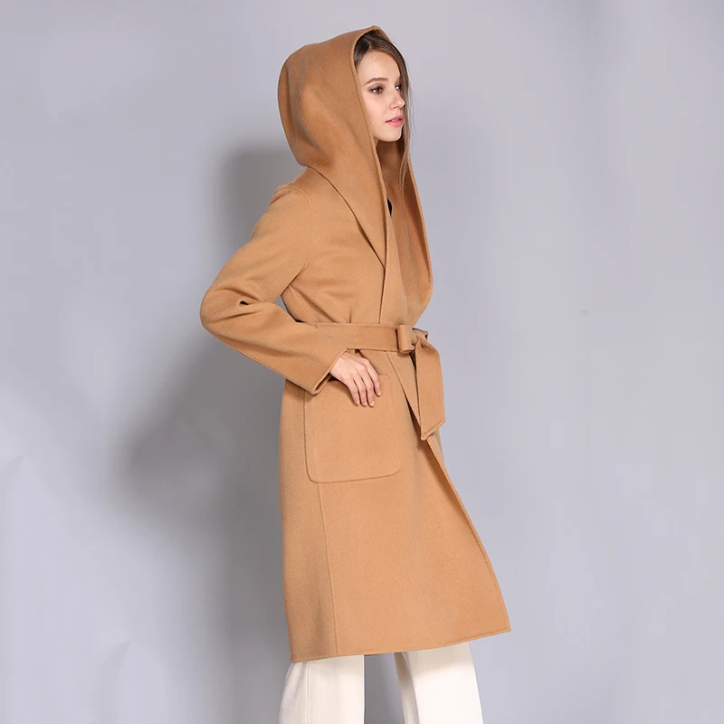 Abrigos de lana auténtica para mujer, chaquetas de Cachemira de alta calidad con capucha, moda de primavera y otoño, novedad de 2024