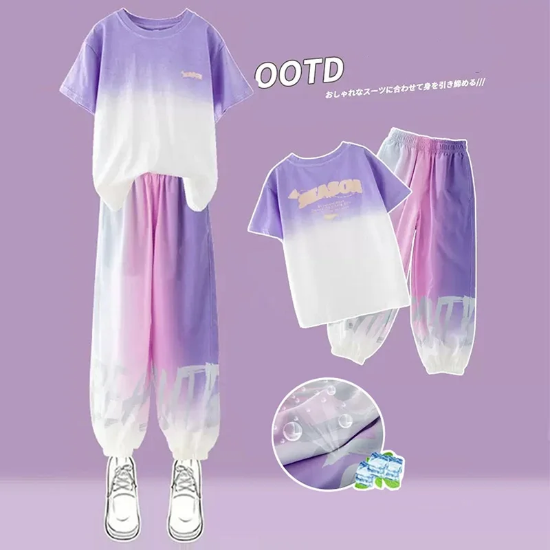 Summer Girls Cotton Gradient Contrast T-Shirt Tops+Ice Silk Insect-Proof Pant Set School Kids 2PCS Tracksuit Child Outfit 5-16Yr