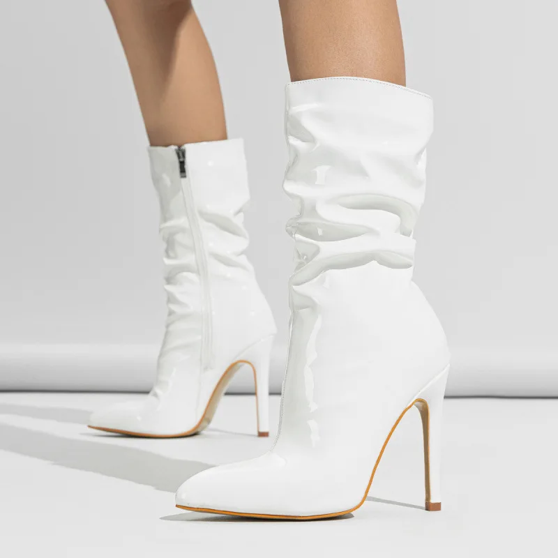 

Sexy Patent Leather Thin High Heels Women Ankle Boots Designer Pleated Zipper Short Booties Banquet Prom Shoes