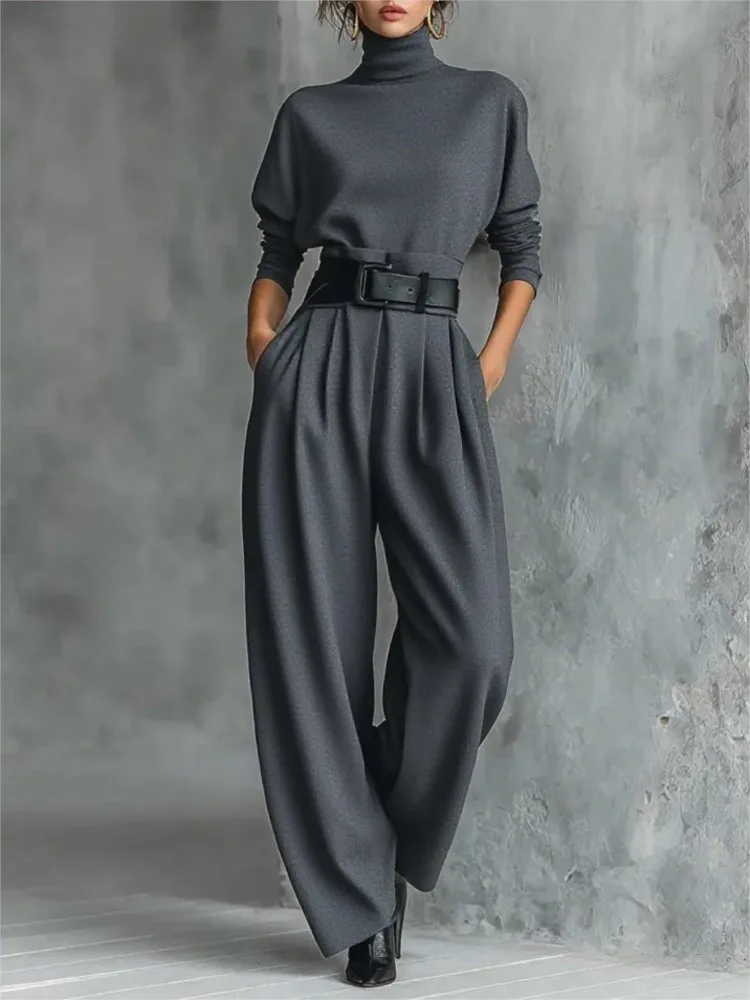 

Autumn Winter New Women Elegant Stand Collar Solid High Waisted Trousers With Belt Long Sleeve Top Wide-leg Pants Two-piece Set