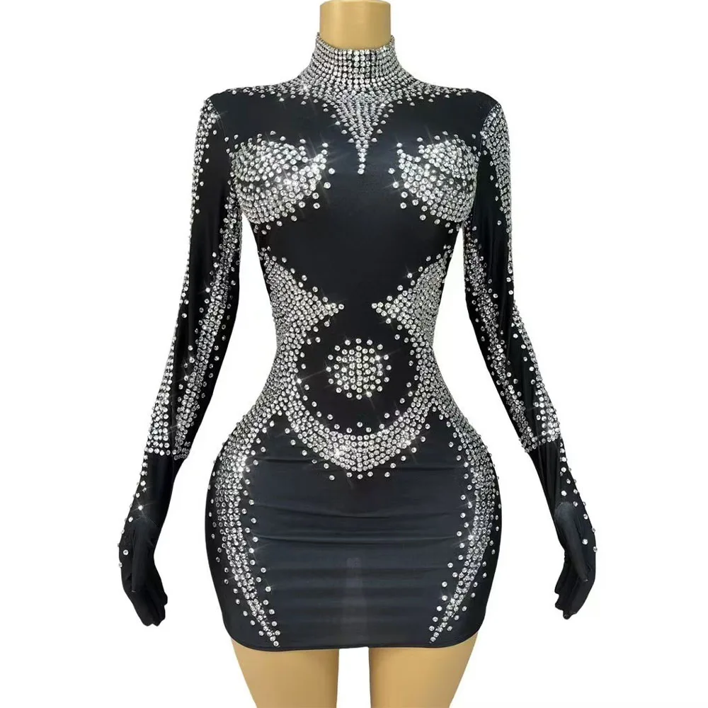 Luxurious Flashing Rhinestones Glove Elegant Designed Dress Women Evening Cocktail Birthday Party Shining Photoshoot Costume