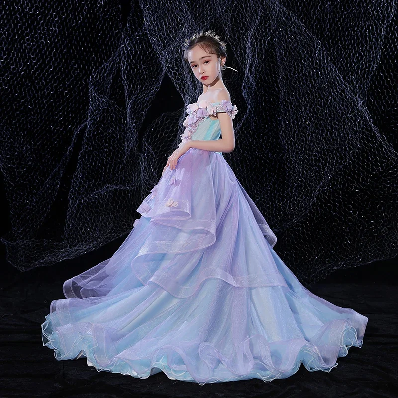 

Long Trailing Appliques Tulle Flower Girl Dresses Kids Pageant Evening Ball Gown Party Princess Wedding First Communion Dresses