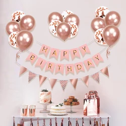 1Set Rose Pink Green Gold Birthday Balloons Banner Set Balloon Garland Bunting Banners Happy Birthday Party Decor Supplies