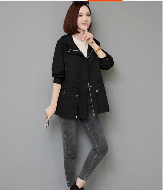 

2024 Women's Clothing Hooded Temperament Wild Jacket Trench Coat S5