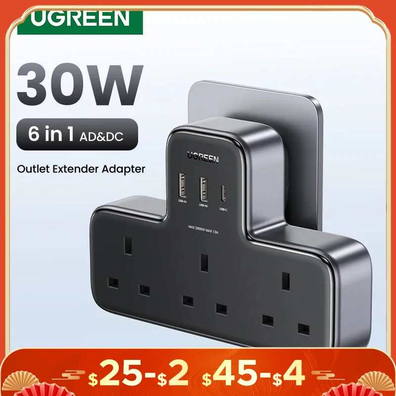 

UGREEN UK Plug Power Strip Outlet Extension Adapter For iPhone 15 14 Pro Max Xiaomi Wall Fast Charger AD DC Travel Adapter