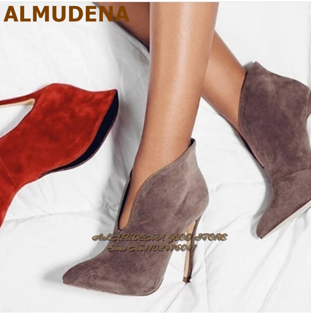 

ALMUDENA Newest Red Beige Black Suede V Shape Cut Ankle Boots Stiletto Heels Designer Dress Boots Motorcycle Gladiator Shoes
