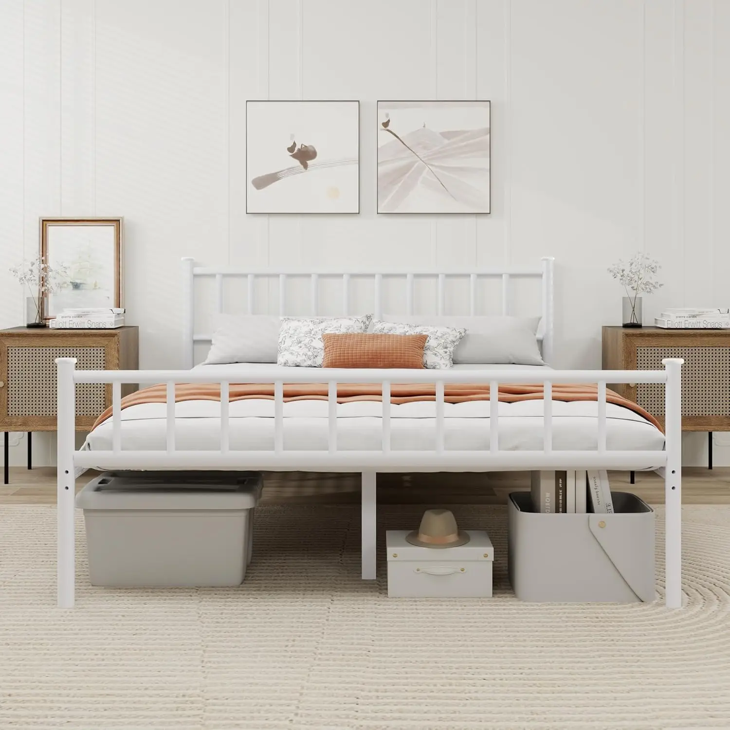 

Metal Platform King Bed Frame with Headboard Sturdy Steel Slats Support No Box Spring Needed Easy Assembly White