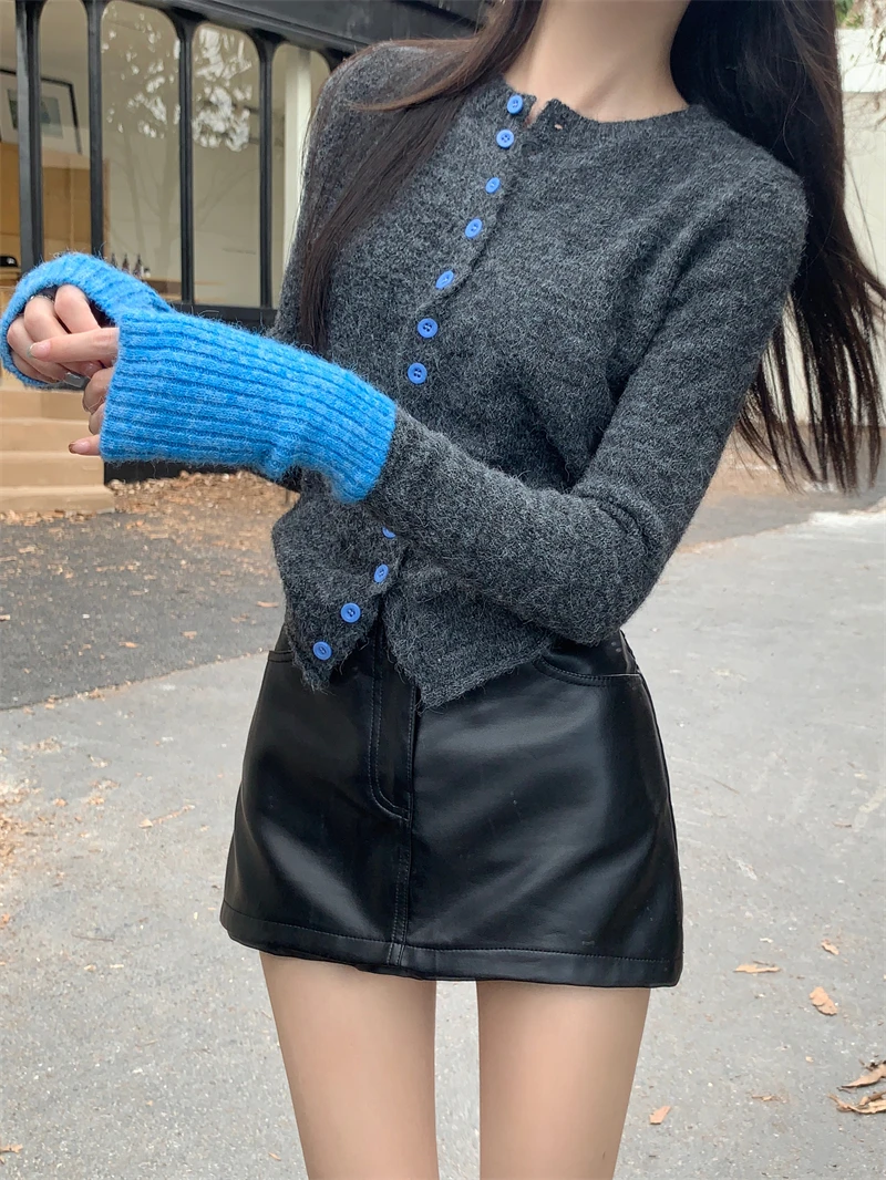 

Contrast Knit Cardigan Women Soft Sweater Round Neck Long Sleeve Autumn Winter Lazy Style Top