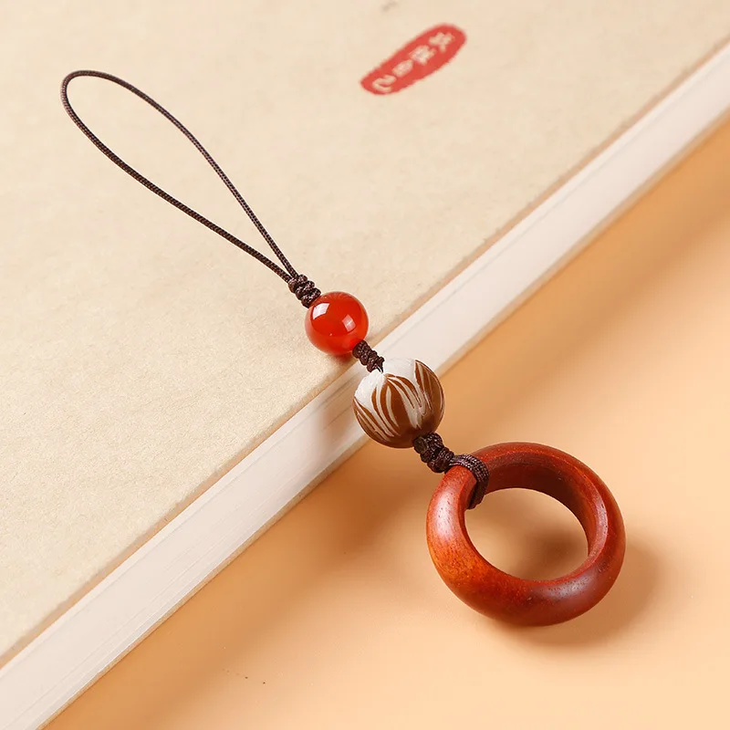 Chinese-style Red Sandalwood Pendant Ring Buckle Mobile Phone Chain Short Anti-loss Creative Pendant Men's and Women's Jewelry