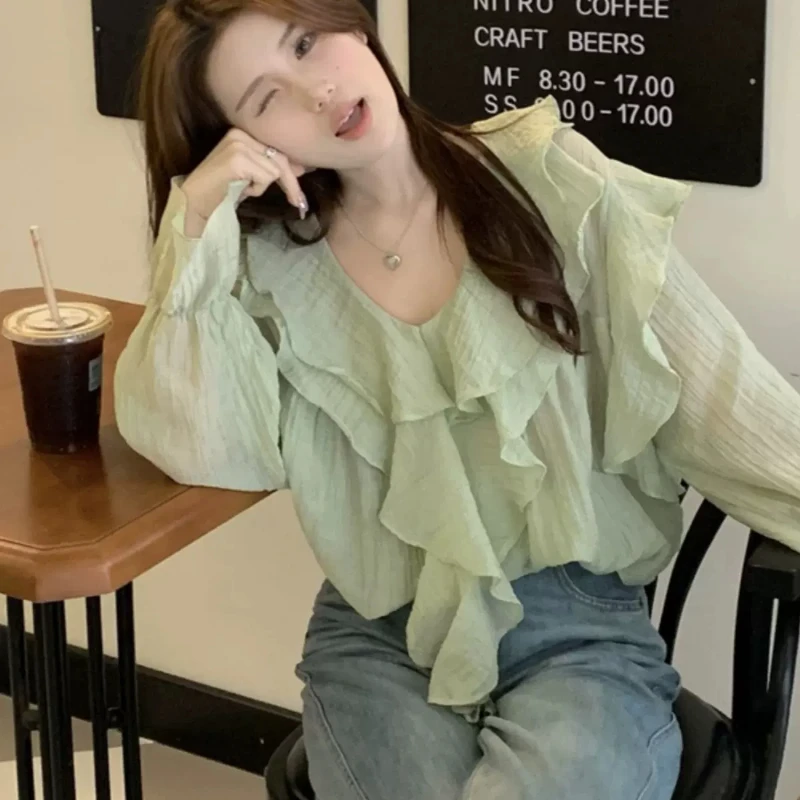 Blouse Women Ruffles Summer Transparent Tender Thin All-match Trendy Loose Casual Tops Outwear Sunscreen Attractive Ulzzang New