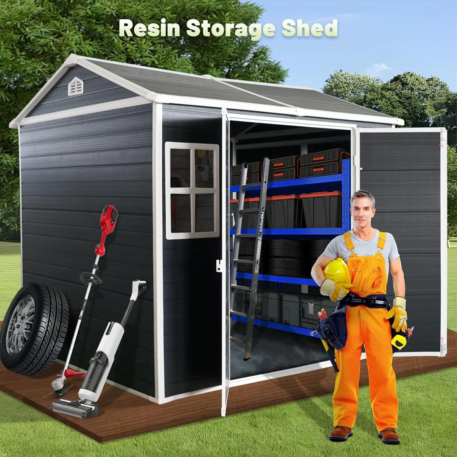 8x6 FT Resin Storage Sheds Outdoor with Floor Included Plastic Sheds & Outdoor Storage Clearance with 2 Windows